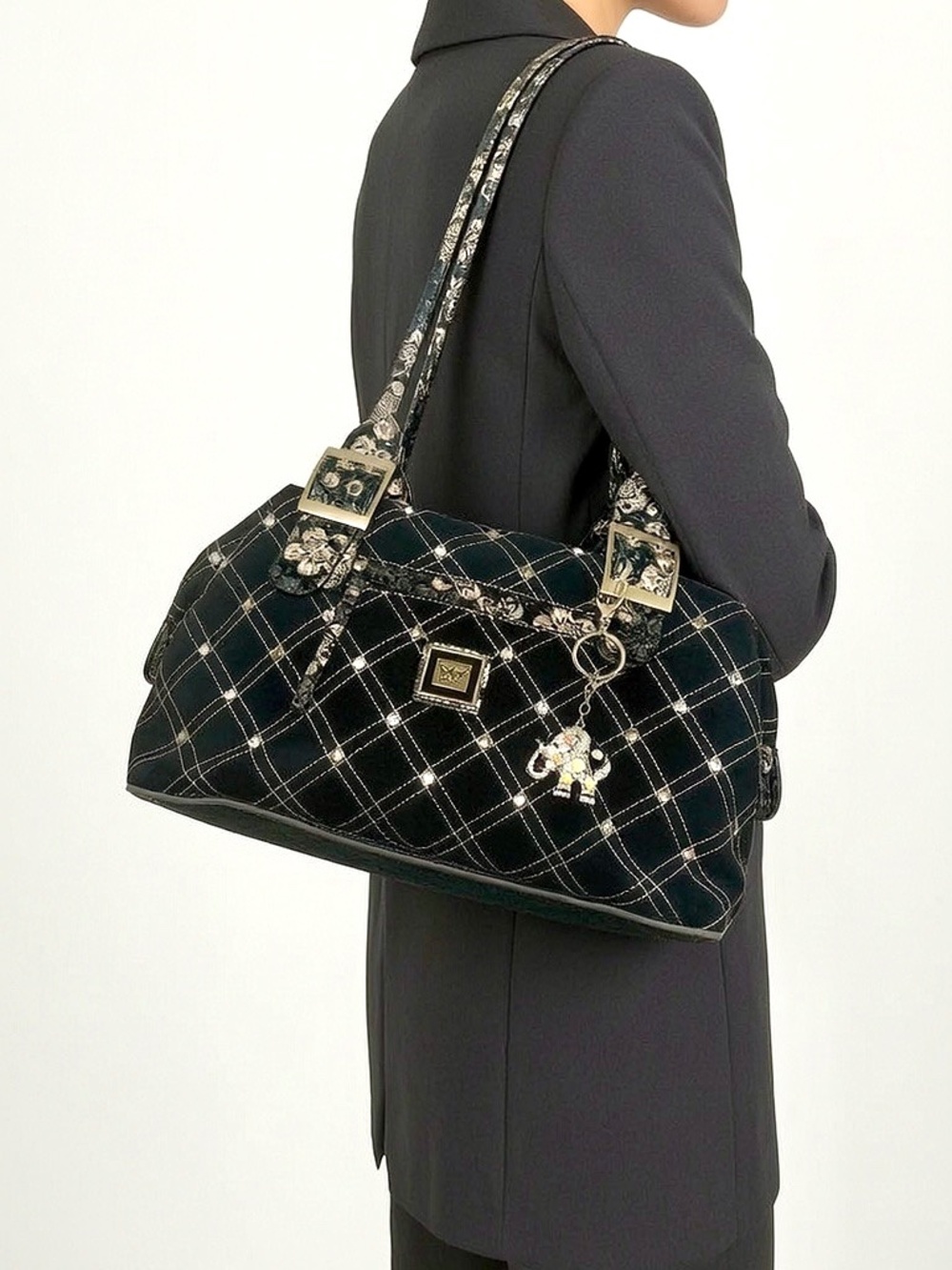 Sharif Quilted Black Satchel Handbag with Silver Stud Accents - Picture 2 of 4